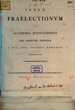 Index praelectionum in Academia Rostochiensi per semestre ... habendarum. WS 1824/25