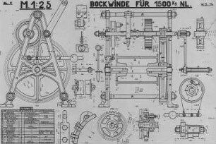 Bockwinde für 1,5 Tonnen Nutzlast, Konstruktionszeichnungen : Technikgeschichte | Maschinenbau | Hebezeuge | Laufkatzen, Krane, Bagger, Transportanlagen