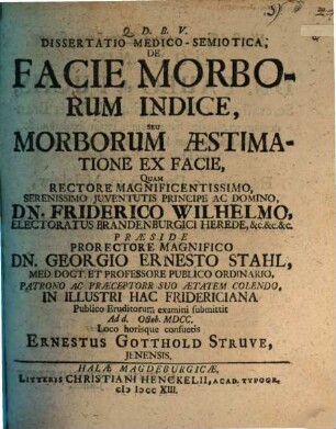 Diss. med.-semiot. de facie morborum indice, seu morborum aestimatione ex facie
