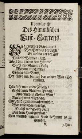 Uberschrifft Des Himmlischen Lust-Gartens.