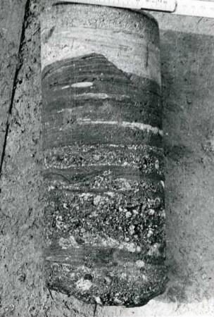 Freital-Zauckerode. Paul-Berndt-Grube (ehemaliger Königin-Carola-Schacht). Tiefbohrung F (Freital) 7, Teufe (Tiefe im Bergwerk) 143,30 m. Bohrkern (133 mm Durchmesser) aus grauen Sandstein mit Kreuzschichtung (oben) und braunrötlichen Tonsteinen und Konglomerat. Beispiel für kleine Erosionsdikordanz
