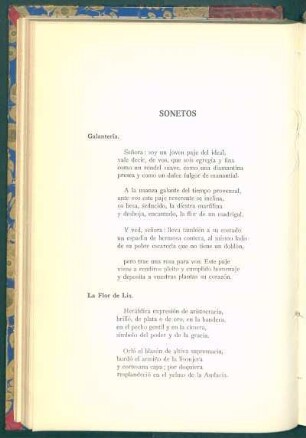 Sonetos : Galantería [y] La flor de lis [y] Como el agua del mar [y] Elogio de tu voz [y] Noche de azur [y] Canción de plata