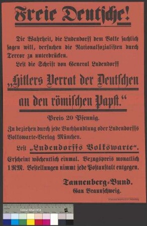Aufruf des Tannenbergbundes zur Lektüre eines Werkes von Erich Ludendorff und der Zeitung "Ludendorffs Volkswarte"