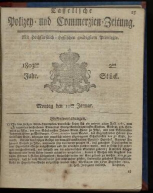 2tes Stueck, Montag den 10ten Januar 1803