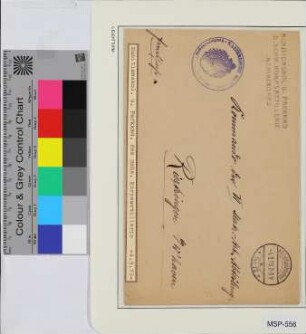 Dienstbrief, Schiffsname/Landeinheit: Schwere Korpsartillerie Marinekorps; Frankatur, Mi.-Nr.: [Keine]; Poststempel: K.D.Feldpoststation Nr. 12 a 4.9.15.8-9V; Nebenstempel: Munitionskol. u. Parkkmd d. schw. Korpsartillerie Marinekorps