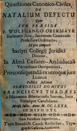Quaestiones canonico-civiles de natalium defectu