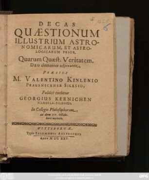 Decas Quaestionum Illustrium Astronomicarum, Et Astrologicarum Prior