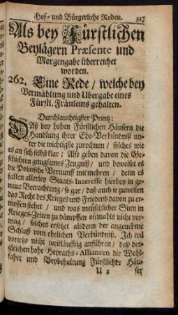 Als bey Fürstlichen Beylägern Praesente und Morgengabe überreichet worden. 262. - 274.
