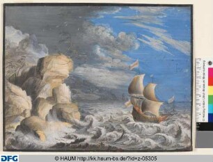 Segelschiff im stürmischen Meer vor der Küste