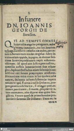 I. In funere Dn. Joannis Georgii De Strassen