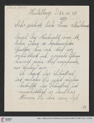 Korrespondenz Louise Ebert/Gustav Radbruch: Brief von Louise Ebert an Lydia Radbruch