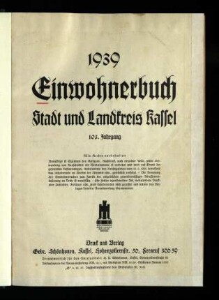 Jg. 103.1939: Einwohnerbuch Stadt und Landkreis Kassel