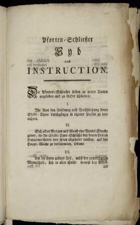 Pforten-Schließer Eyd und Instruction : [Conclusum in Senatu, den 10ten Julii, 1764]