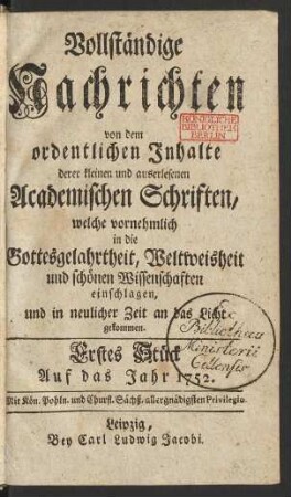 Erstes Stück. Auf das Jahr 1752