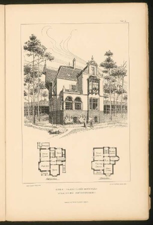 Villa Rochna, Berlin-Grunewald: Ansicht und Grundrisse (aus: Stadt- und Landhäuser, hrsg. von Ernst Wasmuth, Berlin 1894)