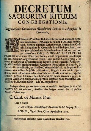Decretum Sacrorum Rituum Congregationis : Congregationis Canonicorum Regularium Ordinis S. Augustini in Germania ... Die 26. Augusti 1730
