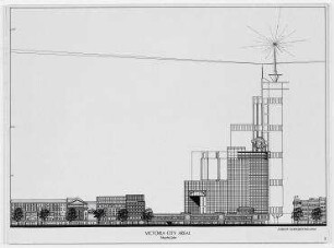 Gutachten Victoria City Areal, 2. Phase (nicht realisiert) 1. Preisgruppe – Ansicht vom Kurfürstendamm. Berlin-Charlottenburg, Kranzler-Eck/Kurfürstendamm/Joachimsthaler Straße/Kantstraße