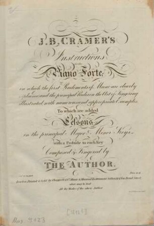 J. B. Cramer's Instructions for the Piano Forte : in which the first Rudiments of Music are clearly explained; and the principal Rules on the Art of Fingering illustrated, with numerous and appropriate Examples: to which are added Lessons in the principal Major & Minor Keys with a Prelude to each Key