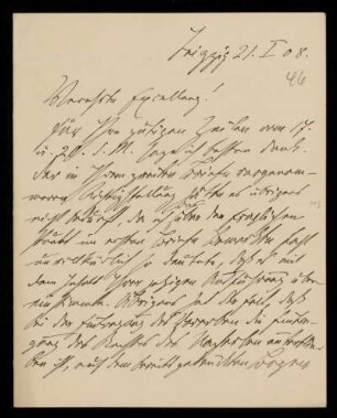 46: Brief von Emil Strohal an Gottlieb Planck, Leipzig, 21.1.1908