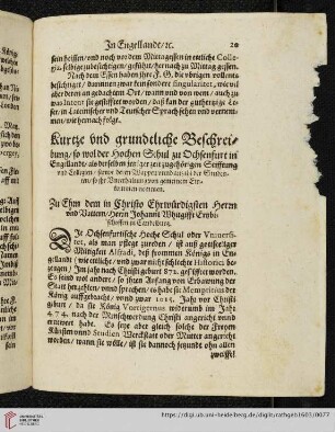 Kurtze vnd grundtliche Beschreibung, so wol der Hochen Schul zu Ochsenfurt in Engellandt, als derselben jetziger zeit zugehörigen Stifftung vnd Collegien, [...]