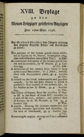 XVIII. Beylage zu den Leipziger gelehrten Anzeigen - Zum 15ten Sept. 1796.