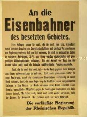 Aufruf rheinischer Separatisten an die Eisenbahner der besetzten Gebiete zur Beendigung des Streiks
