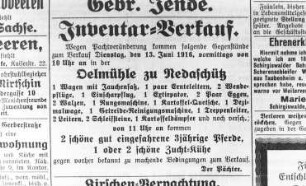 Göda-Nedaschütz. Inventarverkauf, Anzeige, aus: Bautzener Nachrichten vom 8.6.1916