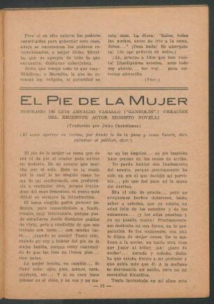 El pie de la mujer : Monólogo de Luis Arnaldo Vassallo (Gandolin). - Creación de Ernesto Novelli. - (Traducido por Julio Castellanos)