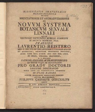 Dissertatio Inavgvralis Medico-Botanica Sistens Meditationes Et Animadversiones In Novvm Systema Botanicvm Sexvale Linnaei