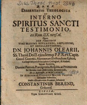 Dissertatio Theologica De Interno Spiritus Sancti Testimonio, ex Rom. IIX. vers. 16.