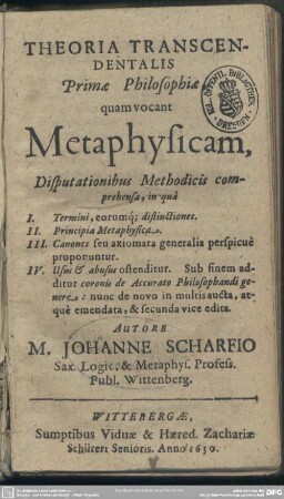 Theoria transcendentalis primae philosophiae, quam vocant metaphysicam