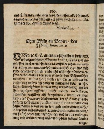 136-138, Chur Pfaltz an Bayrn den 11. Maij, 21. Maij Anno 1619
