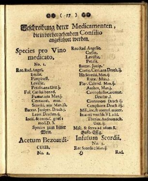 Beschreibung derer Medicamenten, die in vorhergehendem Consilio angeführet werden.