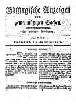 5tes Stück. Sonnabend, den 3ten Januar 1776.