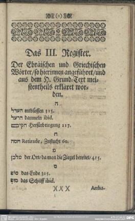 Das III. Register. Der Ebräischen und Griechischen Wörter, so hierinnen angeführet, und aus dem H. Grund-Text meistentheils erkläret worden