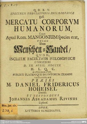 Specimen Meditationis Philosophicae De Mercatu Corporum Humanorum, Cuius Apud Rom. Mangonium species erat ...