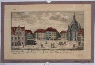 Der Neumarkt in Dresden nach Nordwesten, links das Gewandhaus, dahinter die Augustusstraße, rechts die Frauenkirche, Teil einer Reihe Dresdner und sächsischer Ansichten von Schlitterlau um 1770