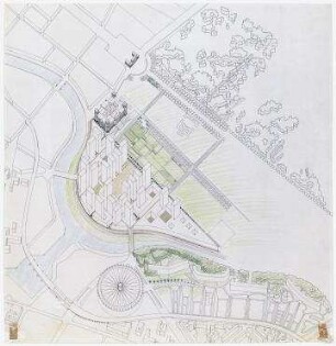 Bundesoffener städtebaulicher und landschaftsplanerischer Ideenwettbewerb Platz der Republik (nicht realisiert), 2. Preis – Überarbeiteter Entwurf: Axonometrische Projektion. Berlin-Mitte, Platz der Republik