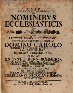 Dispvtatio Ivridica De Nominibvs Ecclesiasticis : = Von Activ- und Passiv-Kirchen-Schulden