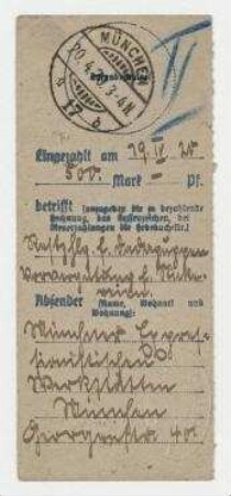 Postanweisung der Münchener Expressionistischen Werkstätten über 500 Mark an Hannah Höch. München