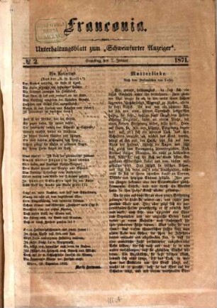 Franconia : Unterhaltungsblatt zum "Schweinfurter Anzeiger", 1871