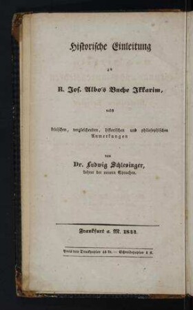 Buch Ikkarim : Grund- und Glaubenslehren der Mosaischen Religion / von Joseph Albo. Nach den ältesten und correctesten Ausg. ins Deutsche übertragen von W. Schlessinger ... und Ludw. Schlesinger
