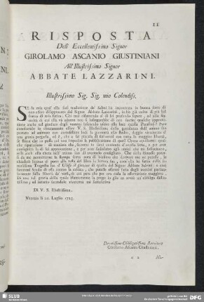 Risposta Girolamo Ascanio Giustiniani - Domenico Lazzarini
