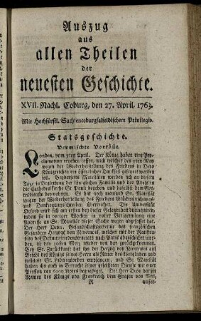 XVII. Nachl. Coburg, den 27. April, 1763.