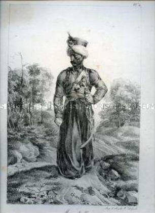Uniformdarstellung, Mameluk mit türkischer Bewaffnung, Frankreich, 1809. Tafel Nr. 4 aus: Recueil de Costumes de l'Ex-Garde.