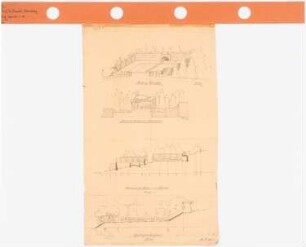 Garten Schmeil, Heidelberg: Ansicht des Tennisplatzes, 1:200, Laube an der Rückwand des Sonnenbades, 1:100, Schnitt durch das Lustbad und Tennisplatz, 1:200, Schnitt durch den Taxusgang, 1:100