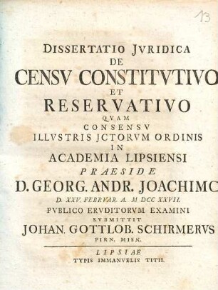 Dissertatio Jvridica De Censv Constitvtivo Et Reservativo