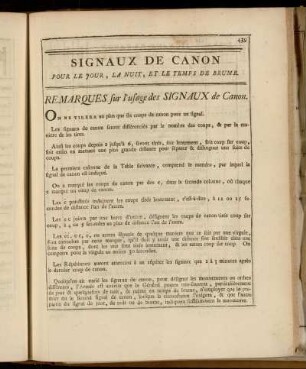 Signaux de Canon pour le Jour, la Nuit, et le Temps de Brume.