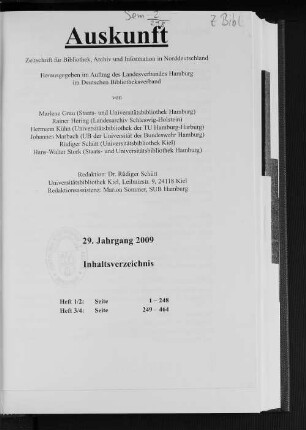 29.2009: Auskunft : Zeitschrift für Bibliothek, Archiv und Information in Norddeutschland