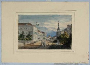 Blick vom Packhof in Dresden nach Osten, v. l. n. r. Hotel Bellevue, Helbigs Etablissement, Katholische Hofkirche und erste Semperoper